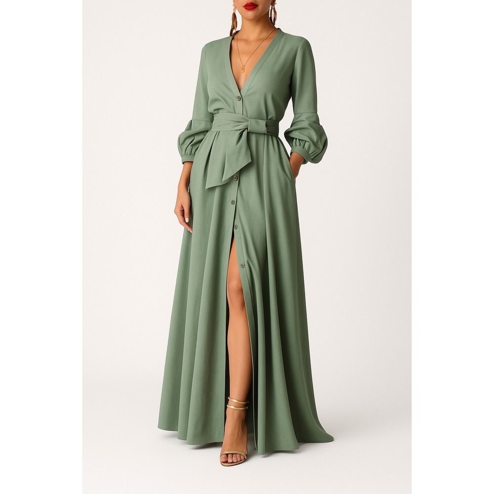 FKSP‎ x Yoox Mahogany Sage Green Maxi Dress S Linen Blend Belted Long Sleeve NWT